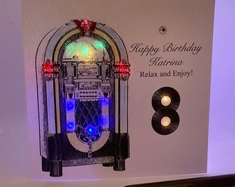 Light up Birthday Card, Juke Box, personalised, handmade card. Any age, Daughter, Sister, Mum, Friend,