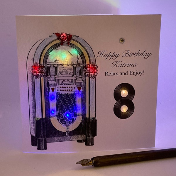 Carte d'anniversaire lumineuse, juke-box, carte personnalisée faite main. Tout âge, Fille, Soeur, Maman, Amis,