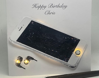 Light up Birthday Card, mobile phone, personalised, handmade Keepsake, Son, Brother , Dad, Friend,