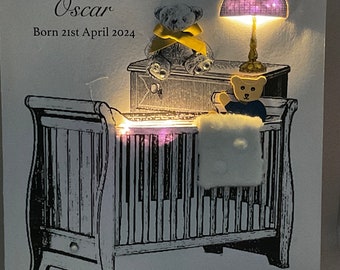 Nieuwe Baby Teddy Card, gepersonaliseerd, handgemaakt aandenken, oplichtende kaart, dochter, zoon, geboorteaankondiging babymeisje of jongen