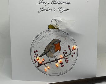 Light up Christmas Bauble Card, Robin, personalised, handmade Keepsake card, Daughter, Sister, Mum, Friends, Family