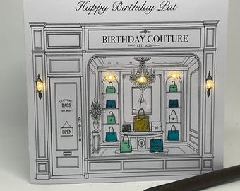 Light up Birthday Card, Luxury Bag Shop,  personalised, handmade card. Any age, Daughter, Sister, Mum, Friend,