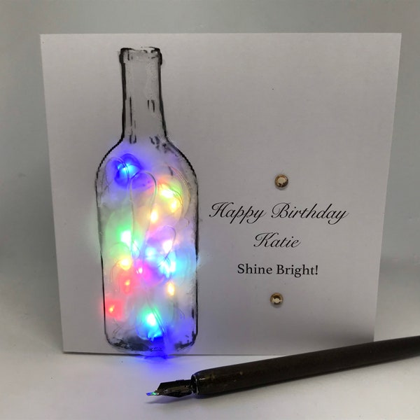 Light up Birthday Card, Bottle lamp personalised, handmade Keepsake card, Daughter, Sister, Mum, Friend,
