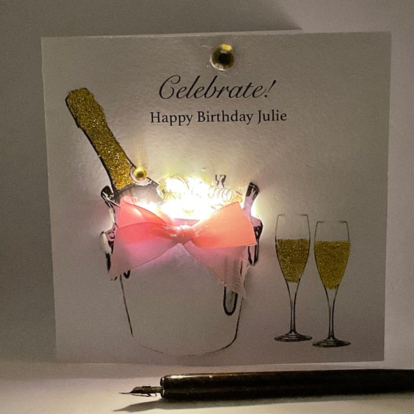 Carte d'anniversaire lumineuse, champagne sur glace, carte de luxe personnalisée et faite main. Tout âge, Fille, Soeur, Maman, Amis,