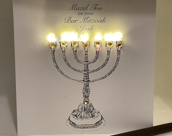Personalised Light up Bar Mitzvah Bat Mitzvah Card, Menorah, Jewish coming of age Keepsake card, Daughter, son, Friend,