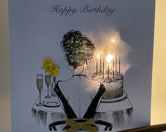 Gepersonaliseerde verjaardagskaart met lichtjes: Champagne & Taart, handgemaakte kaart