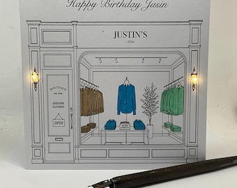 Light up Birthday Card, Menswear Shop,  personalised, handmade card. Any age, Daughter, Sister, Mum, Friend,