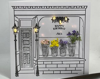 Verjaardagskaart met lichtjes van een bloemenwinkel, gepersonaliseerd, handgemaakt, een echte herinneringskaart voor dochter, zus, moeder of vriendin.