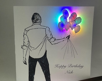 Verjaardagskaart met lichtjes, ballonnen, gepersonaliseerd, handgemaakte herinneringskaart voor een man, zoon, broer, vader, vriend.