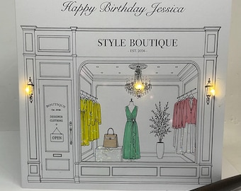 Light up Birthday Card, Clothes Shop,  personalised, handmade card. Any age, Daughter, Sister, Mum, Friend,
