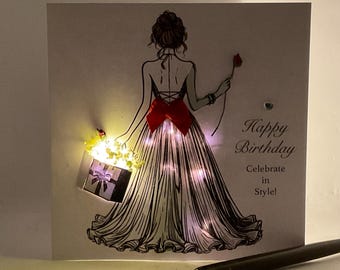 Verjaardagskaart met lichtjes, roos, gepersonaliseerd aandenken, handgemaakt