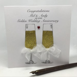 50th Anniversary Card, Golden Wedding Anniversary Champagne Card, Handmade and Personalised