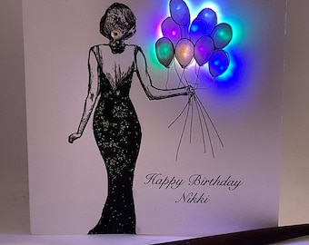 Verlicht verjaardagskaart, ballonnen, gepersonaliseerd, handgemaakte aandenkenkaart, dochter, zus, moeder, vriend,