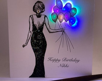 Light up Birthday Card, balloons, personalised, handmade Keepsake card, Daughter, Sister, Mum, Friend,