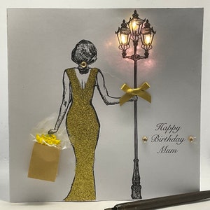Light up Birthday Card, Gold dress and flowers, personalised, handmade Keepsake card, Daughter, Sister, Mum, Friend,