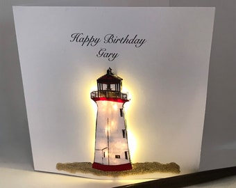 Light up Birthday Card, lighthouse,  personalised, handmade card. Any age, Daughter, Son Sister, Mum, Dad, Friend,