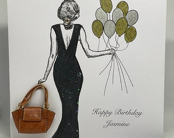 Celebration Birthday Card, 3D handbag & balloons personalised, handmade 18th, 21st, 40th, 50th, Daughter, Sister, Mum, Friend Money Wallet