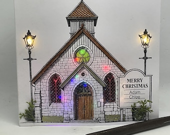 Kerstkaart met lichtjes in de kerk, gepersonaliseerd, handgemaakt als aandenken, voor dochter, zus, moeder, vrienden, familie