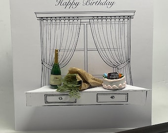 Gepersonaliseerde 3D-verjaardagskaart met champagne en taart, handgemaakt aandenken, kaart in een doosje.