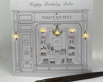 Light up Birthday Card, Make up Shop,  personalised, handmade card. Any age, Daughter, Sister, Mum, Friend,