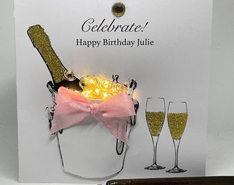 Light Up Birthday Card, Handmade Champagne on Ice, Personalised