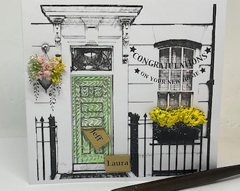 New Home Card, Green Door, Congratulations, Handmade Personalised Card, With Light,