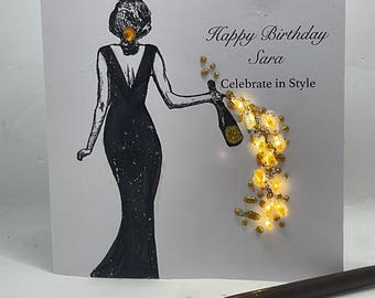Gepersonaliseerde verjaardagskaart met lichteffect, champagnespray-design, handgemaakte luxe kaart