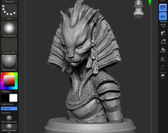 May include: A 3D model of a gray cat-like creature with a human-like body wearing armor. The model is in a 3D modeling software program. The model is in the process of being sculpted.
