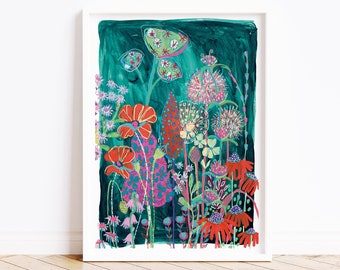 Botanical Art Print, Spring Greens Floral Wall Decor, Hand Signed