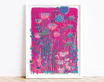Hot Pink Garden House Print // Botanical art, A4 art print, wall art, floral art, art collection, living room art, wildflowers, hand painted