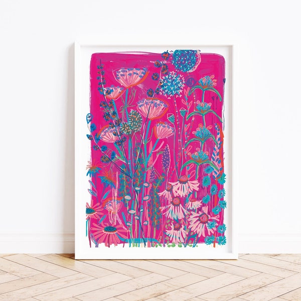 Hot Pink Garden House Print // Botanical art, A4 art print, wall art, floral art, art collection, living room art, wildflowers, hand painted