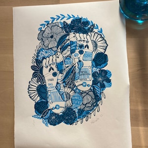 REFLEXOLOGIE KAART Blauwe originele linosnede