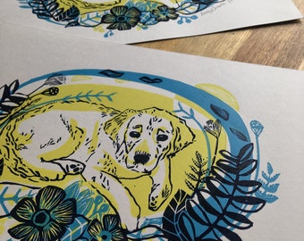 Golden retriever Print | Original handmade Lino print | dog art | A4 print