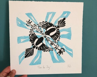 TWO FOR JOY Original Magpie Lino Print