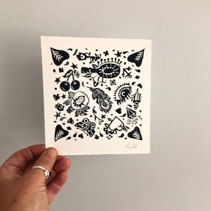 VINTAGE TATTOO Original Mini Lino Print