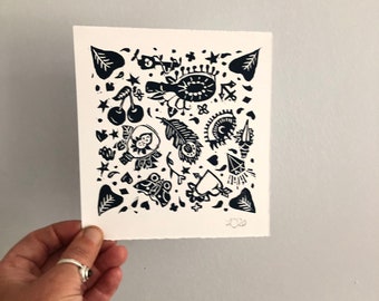 VINTAGE TATTOO Original Mini Lino Print