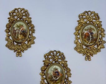 Beautiful Set of 3 Vintage Cameo Mini Oval Porcelain Transferware Plaques/ Laurels Roses Bouquet Frames/ Gold Plated Cast Metal