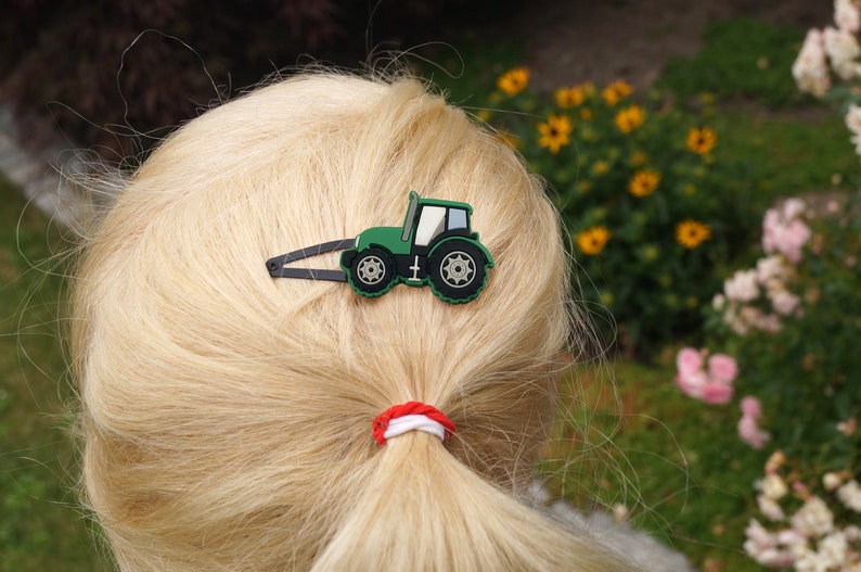 Trecker Haarspangen Kinder Grün Blau Gelb Traktor Zopfgummi Geschenk für Geburtstag Schultüte Nikolaus Adventskalender Weihnachten Bild 5