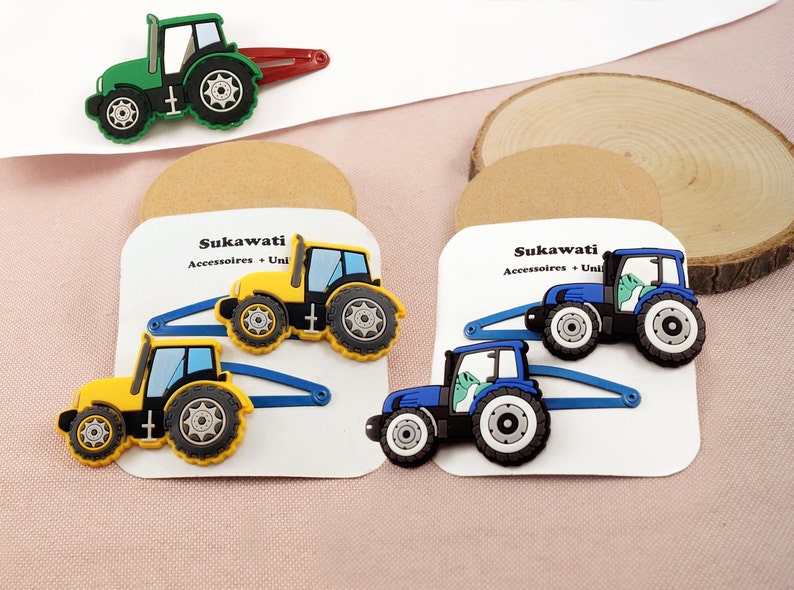 Trecker Haarspangen Kinder Grün Blau Gelb Traktor Zopfgummi Geschenk für Geburtstag Schultüte Nikolaus Adventskalender Weihnachten Bild 7