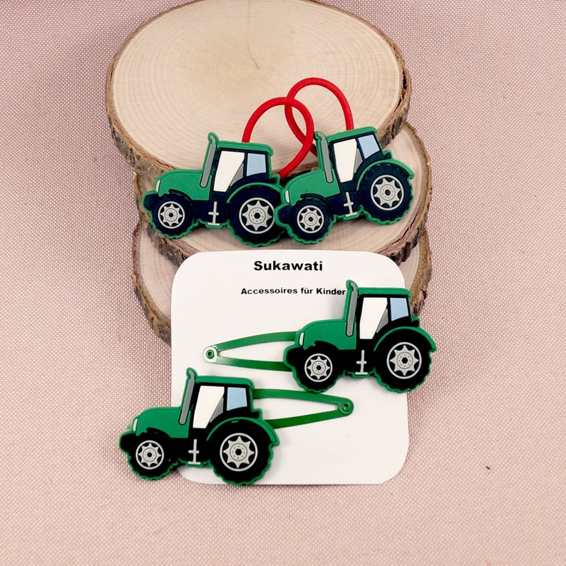 Trecker Haarspangen Kinder Grün Blau Gelb Traktor Zopfgummi Geschenk für Geburtstag Schultüte Nikolaus Adventskalender Weihnachten Bild 6