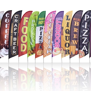 Food and Beverage Feather Flags with Easy to Assemble Pole Set and a Ground Stake - Your Choice of our 13.5&#39; Tall Premium Advertising Flags