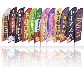 Food and Beverage Feather Flags with Easy to Assemble Pole Set and a Ground Stake - Your Choice of our 13.5&#39; Tall Premium Advertising Flags