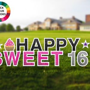 Decorações de festa Happy Sweet 16 - Escolha sua cor - Mensagem de sinalização de quintal grande de 18 polegadas de altura - Placas de quintal onduladas duráveis para exteriores