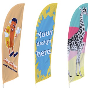May include: Three different designs for a feather flag. The first flag is yellow and orange with a cartoon hot dog character and the text "Hot Dogs and Sausages". The second flag is yellow and blue with the text "Your design here". The third flag is pink, blue, and yellow with a black and white giraffe.