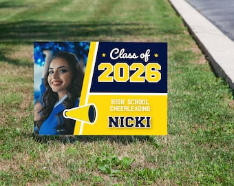 Custom Cheerleading Yard Sign with Photo, Double-Sided, School Colors