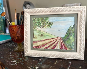 Acuarela original enmarcada y enmarañada: "Campos florales"