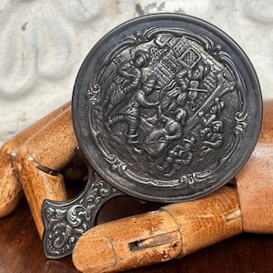 Vintage Dutch Holland-America Herbert Hooijkaas Repoussé Dancing Scene Hand Held Mirror