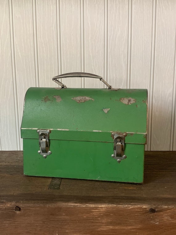 Vintage 1960's Rustic Green Metal Dome Lunch Box