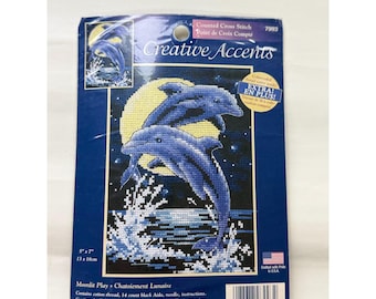 Vintage Counted Cross Stitch Kit Creative Accents Moonlit Play Dolphins