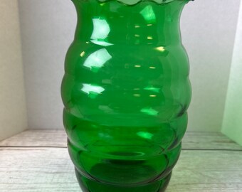 1970s Mid-Century Kelly Green Ruffle Edge Bubble Vases, set of 2. Vintage, Anchor Hocking, Forest Green, Crimped Vase